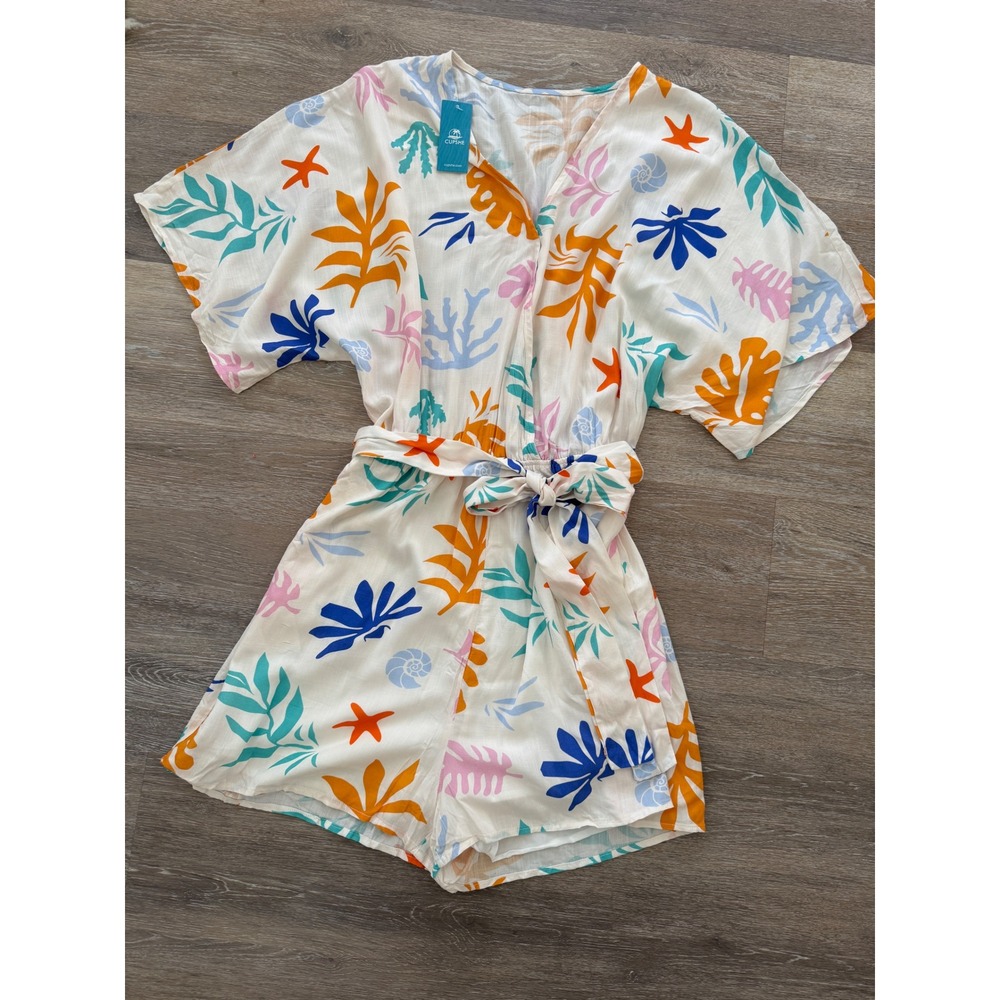 CUPSHE Women Tropical Print Romper V-Neck Belted Beach Resort Medium
